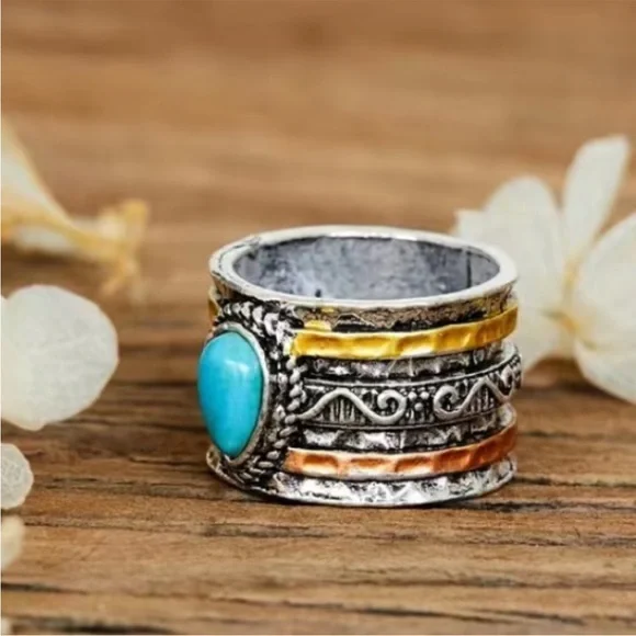 Anthropologie Turquoise and Mixed Metal Boho Ring (titanium) 8.5 - Picture 3 of 7